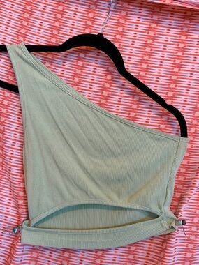 One-Shoulder Ribbed Crop Top in Sage Green
